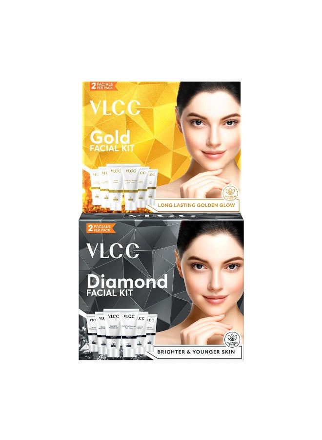 VLCC Gold Facial Kit & VLCC Diamond Facial Kit - 60g Each (Pack of 2) | Pamper your Skin for a Luminous Glow | Skin purifying with Parlour Glow | With Gold Bhasma, Colloidal Diamond & Aloe Vera - Image 1